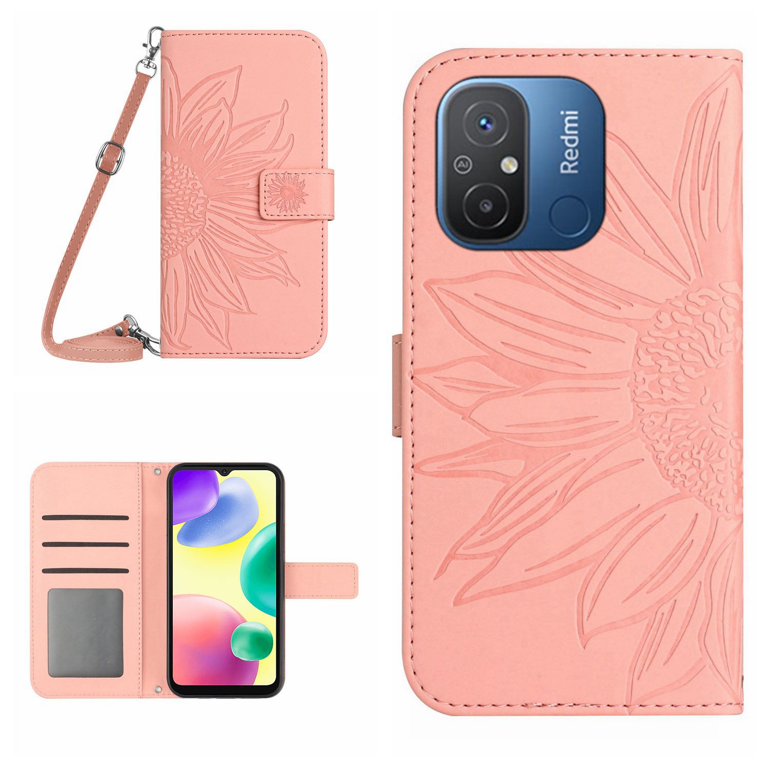 HT04 Leather Cover for Xiaomi Redmi 11A 4G 12C 4G Sunflower Imprinted Stand Wallet Phone Case with Shoulder Strap HT04 Leather Cover for Xiaomi Redmi 11A 4G 12C 4G Sunflower Imprinted Stand Wallet Phone Case with Shoulder Strap